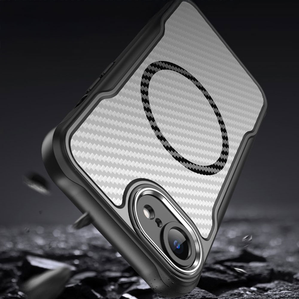 iPhone 16e MagSafe Gummi Case Schutzhülle Carbon Look Air Cushion Fallschutz mit Kameraschutz - Schwarz / Transparent