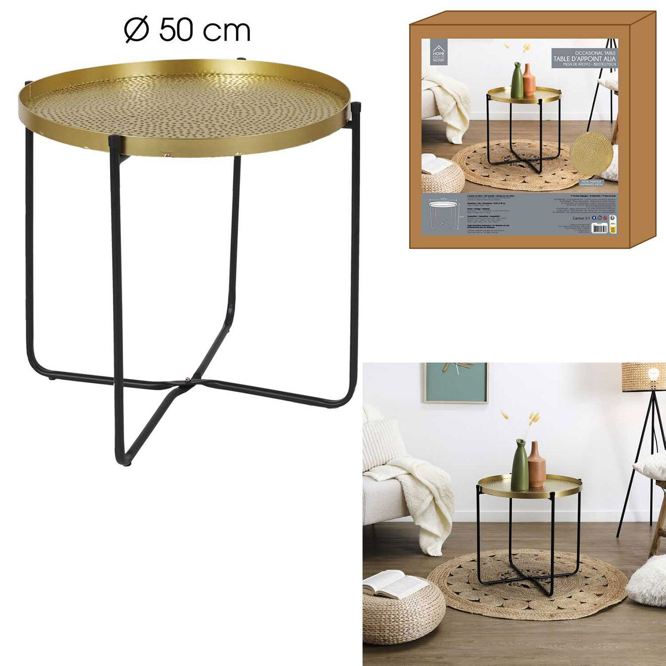 Home Deco Factory Table d'appoint Martele dorée/noir - 50x45x50 cm