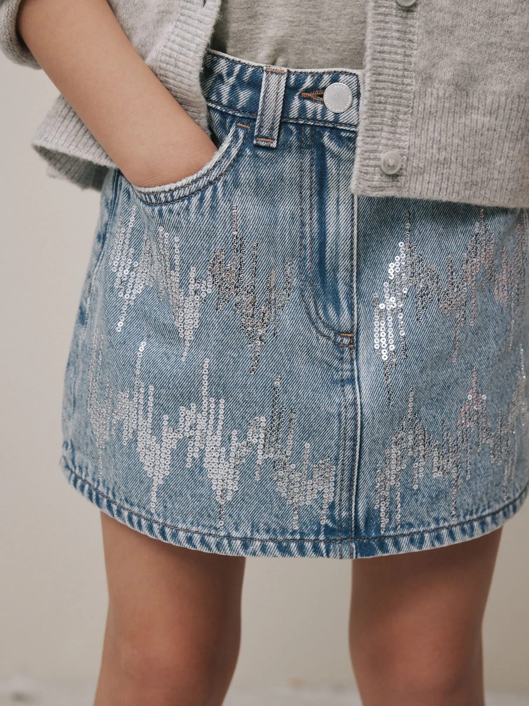 Normaal blauw - Sequin Embroidered Denim Skirt (3-16yrs)