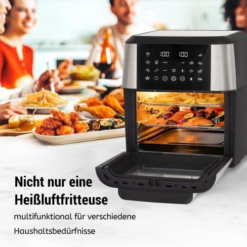 Airfryer XXL 12L mit Rotisserie Grill, Heißluftfritteuse Groß wie Backofen, LED Touch, 360° Umluft, Inkl. 2 Grillspieße & Zubehör, Gesund & Energiesparend Kochen für Großfamilien, Schwarz