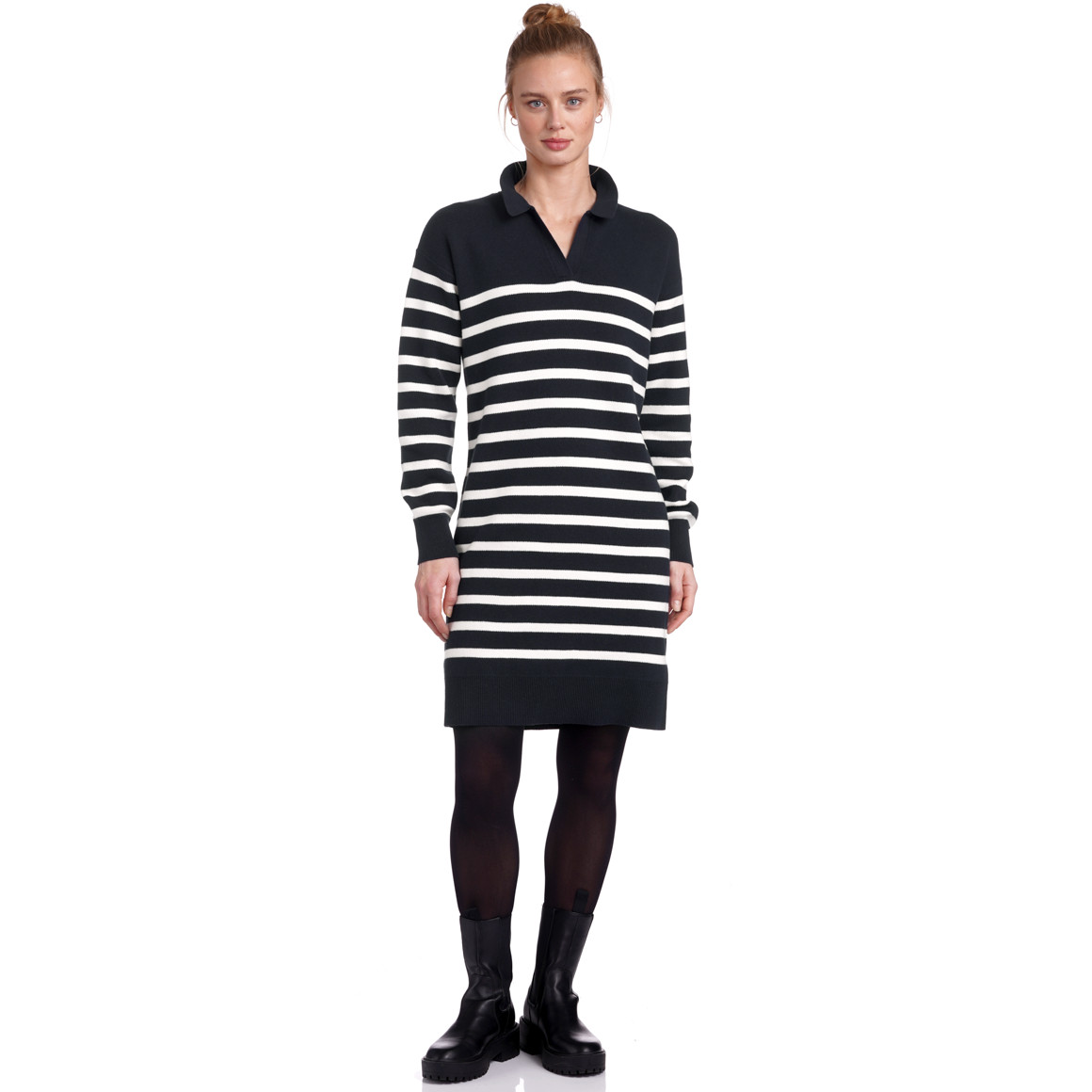 Damen Strickkleid mit offenem Polokragen dunkelblau