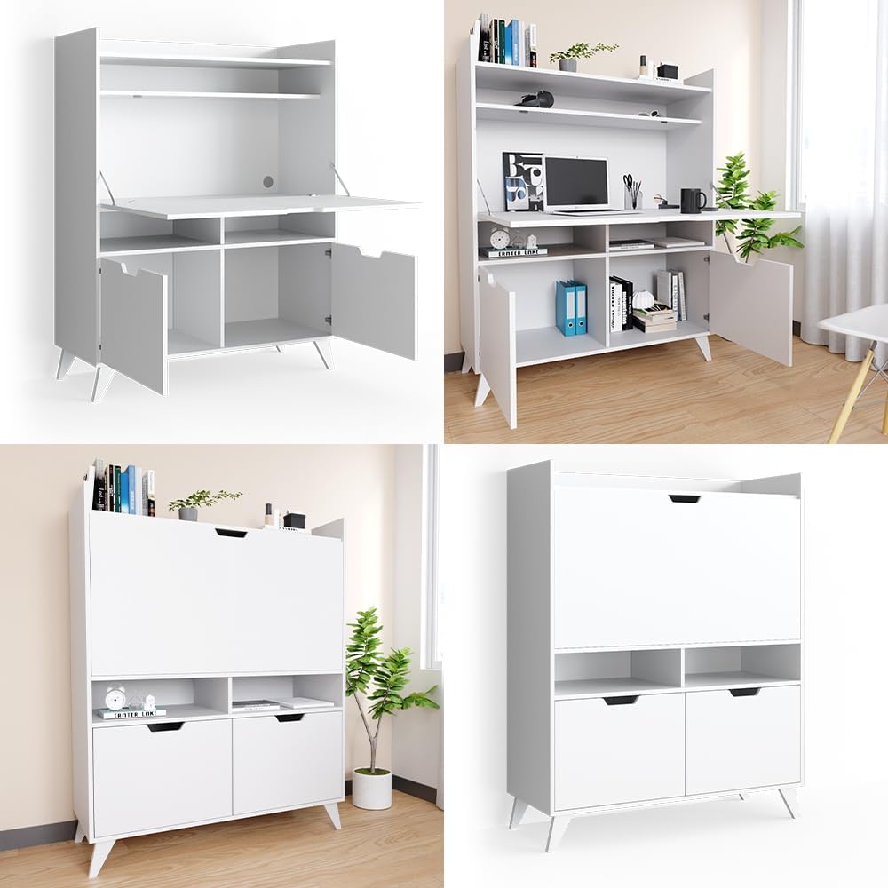 Vicco Sekretär Schreibtisch Berdi, Arbeitstisch mit Schrank, Weiß, 110 x 45 cm
