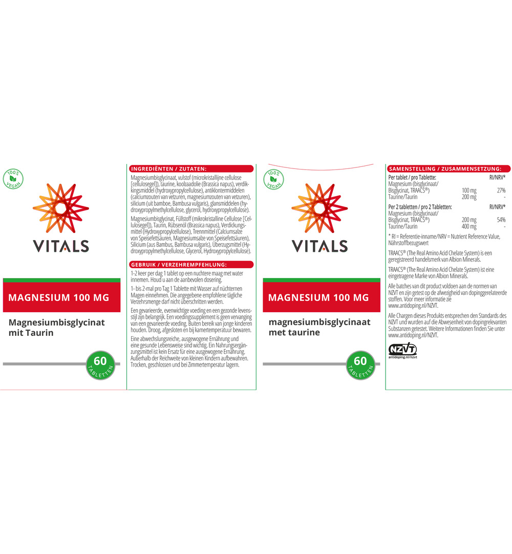 Vitals Magnesiumbisglycinaat 100 mg (60 tabletten)