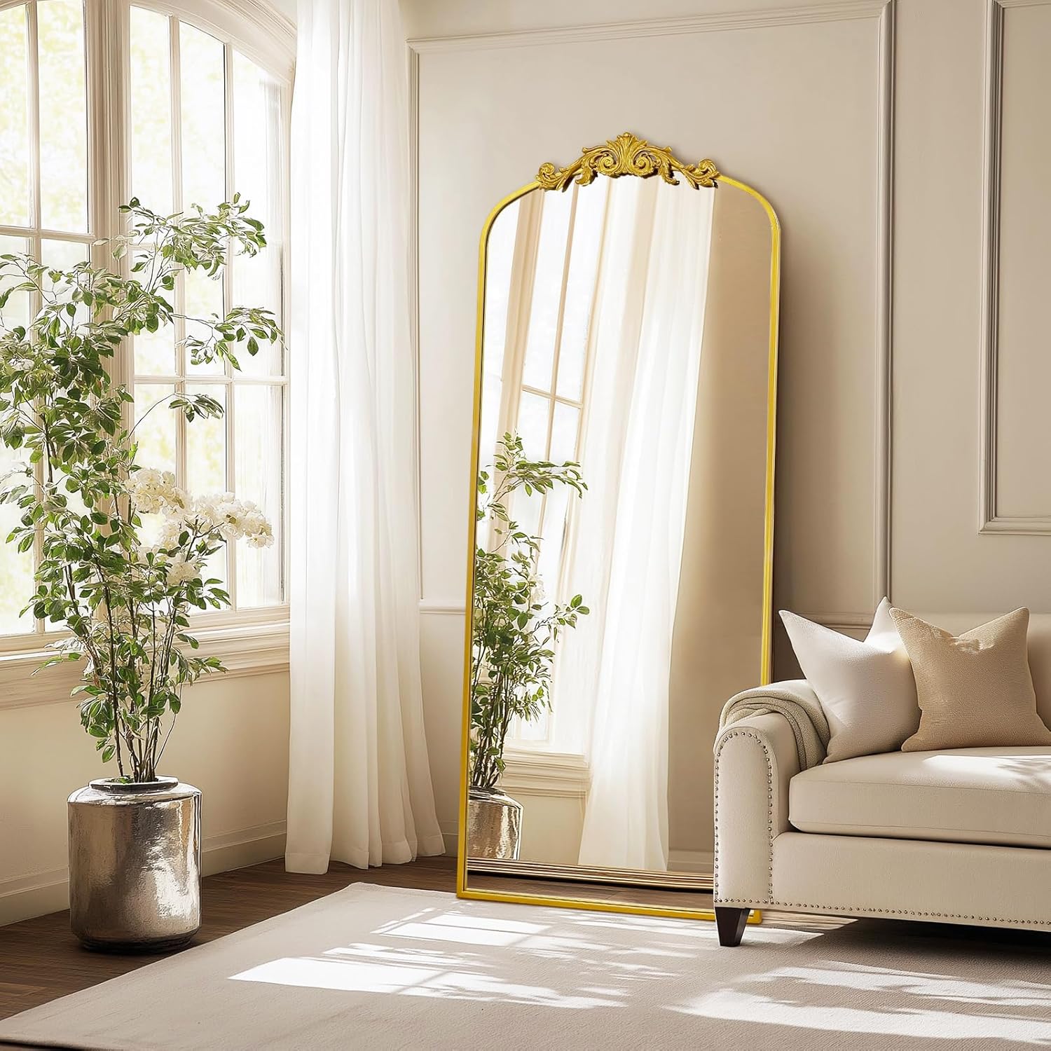 G-LEAF Antiker Ganzkörperspiegel im Barockstil, 180cm x 76cm, Freistehend, Wandmontiert oder an die Wand Angelehnt, für Schlafzimmer, Wohnzimmer, Gold