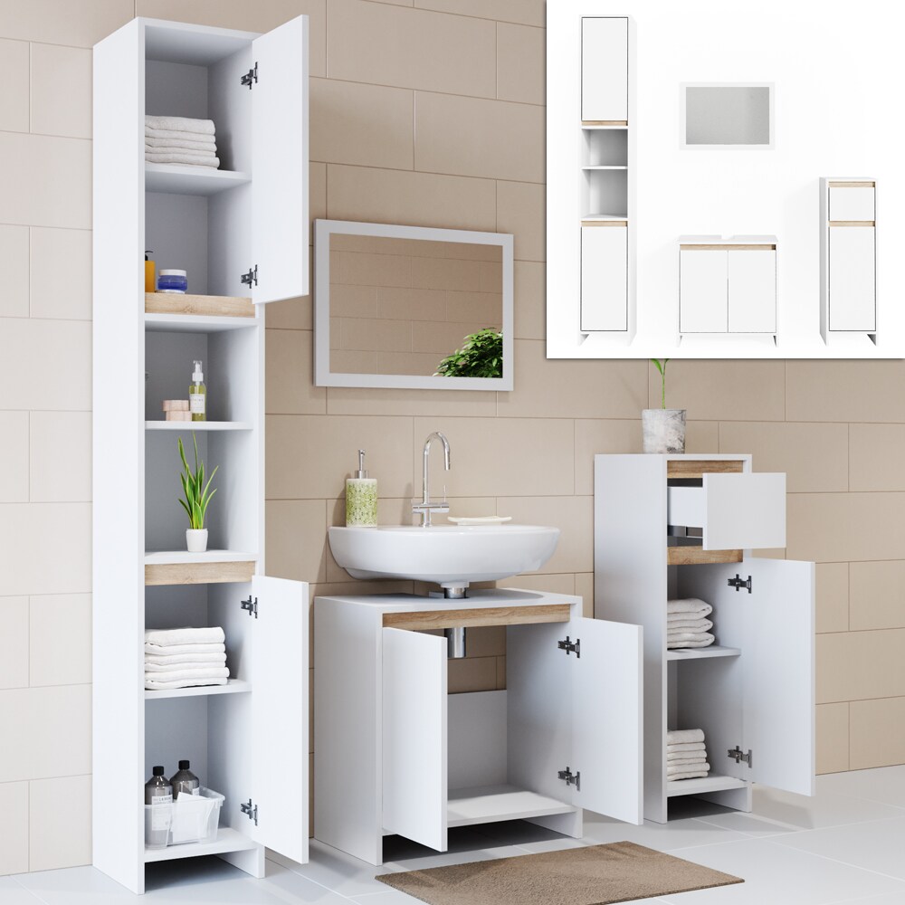 VICCO Badmöbel Set EMMA Weiß Sonoma Eiche Spiegel Unterschrank Hochschrank Midi