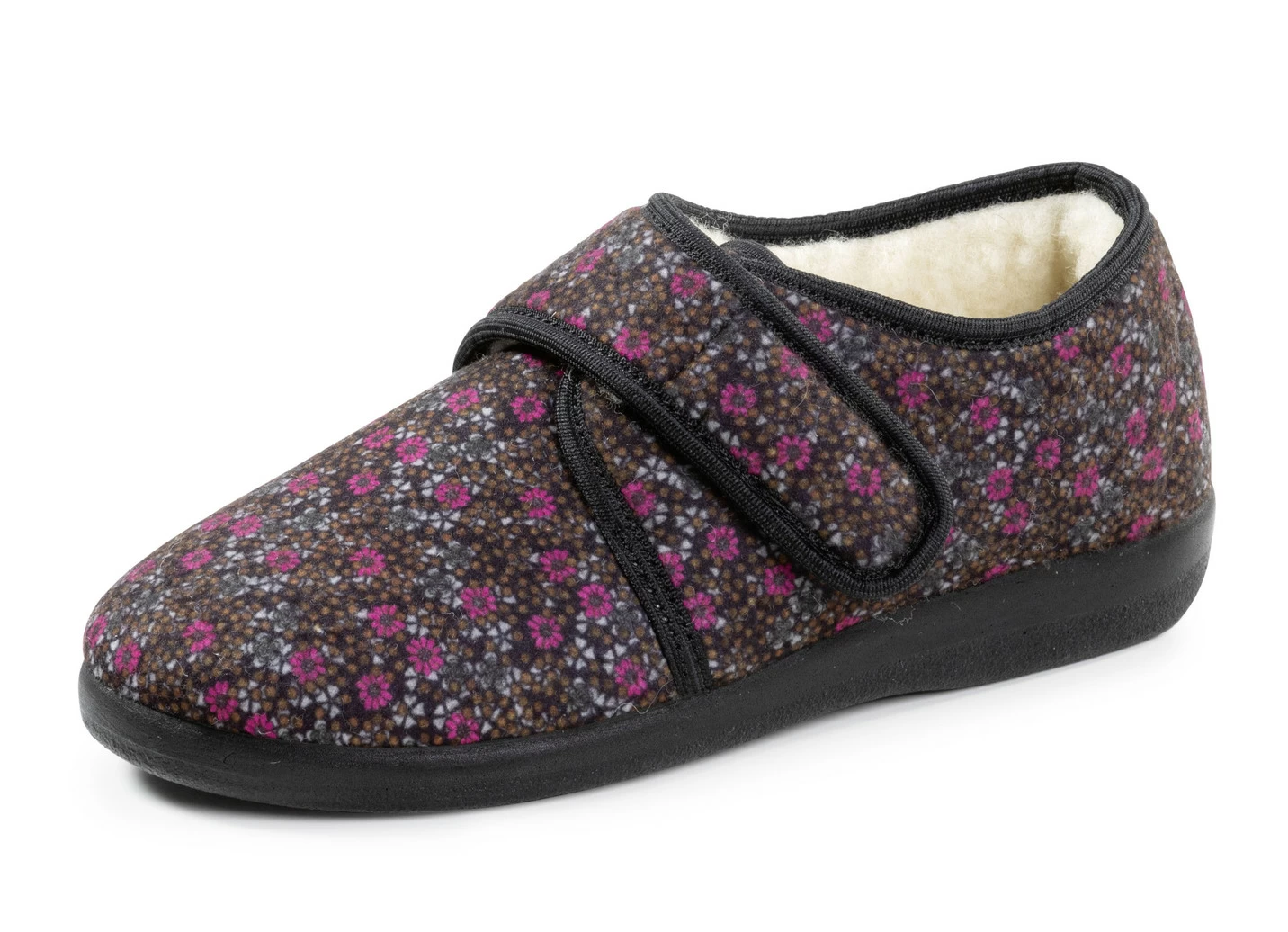 Klettschuh-Hauschuh aus floral bedrucktem Textilmaterial