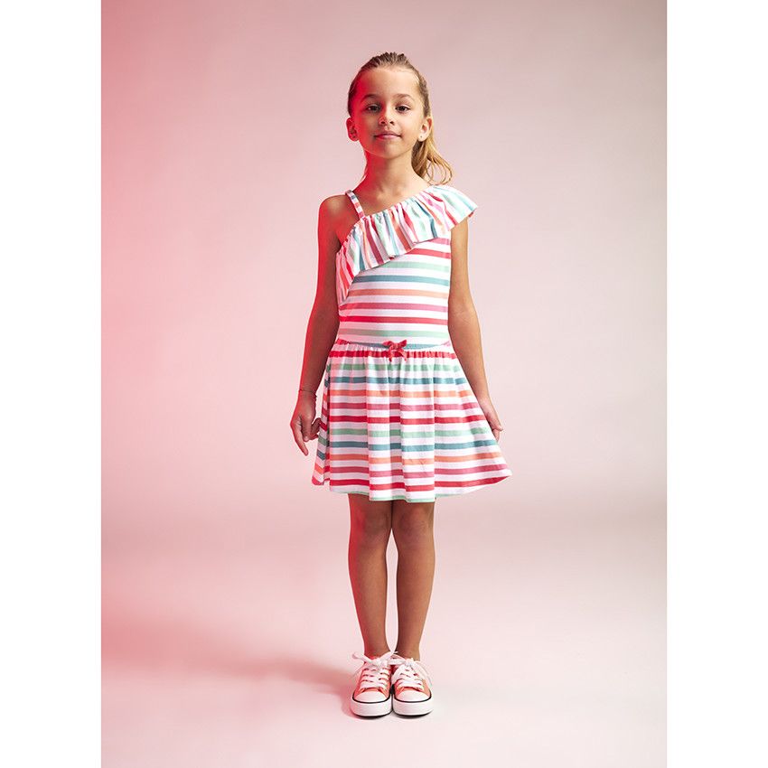 Robe asymétrique en jersey à rayures pour fille - Blanc