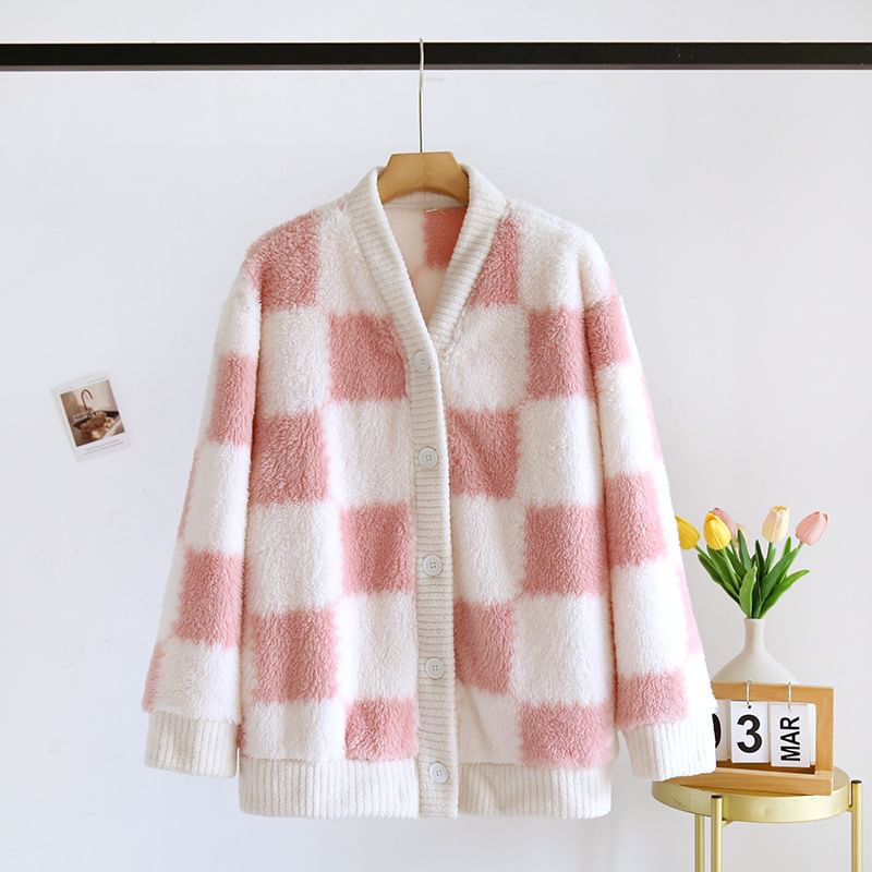 Somnus - V-hals geruite koraalfleece pyjamatop met knoopjes