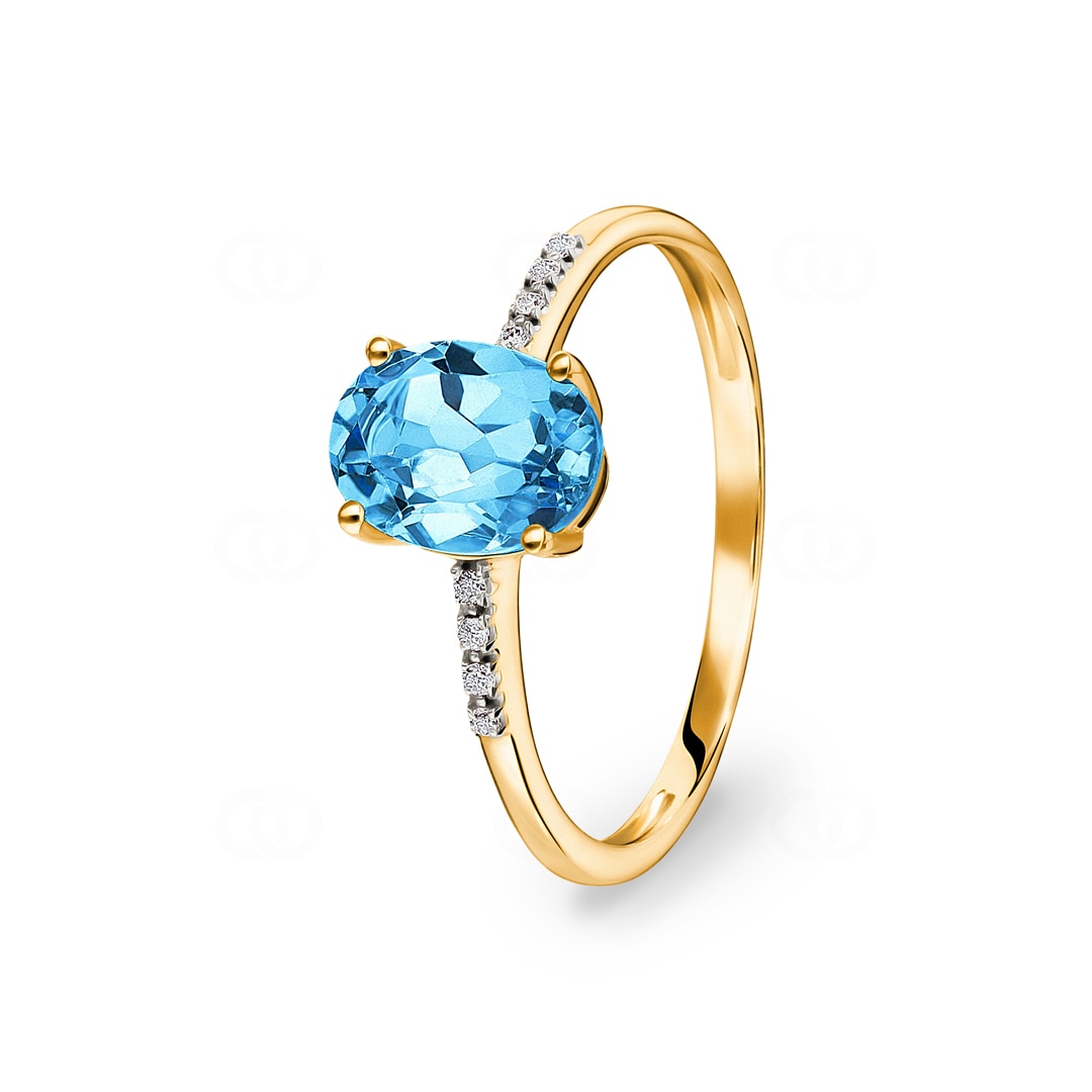 Damenring 750/18 K Gelbgold mit Blautopas oval und Diamanten 0.02 ct H/si