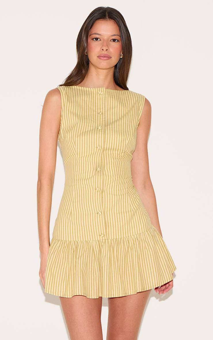 Jaune Robe Moulante À Rayures Avec Détails Boutonnés Et Ourlet Évasé
