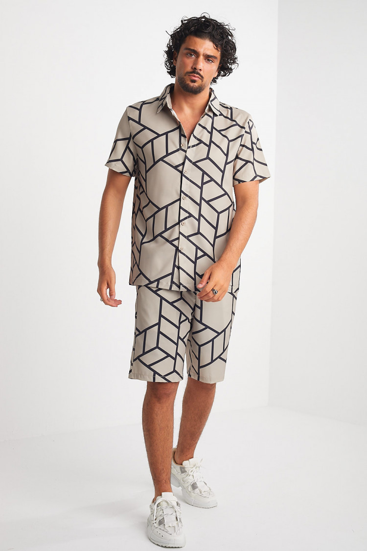 Ensemble 2 pièces chemise + short beige foncé à motif géométrique