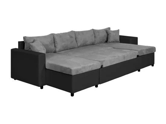 Canapé panoramique Oslo convertible avec coffres, poufs à droite - Simili/Microfibre - Noir/Gris - L311 x P146 x H81cm - Loungitude