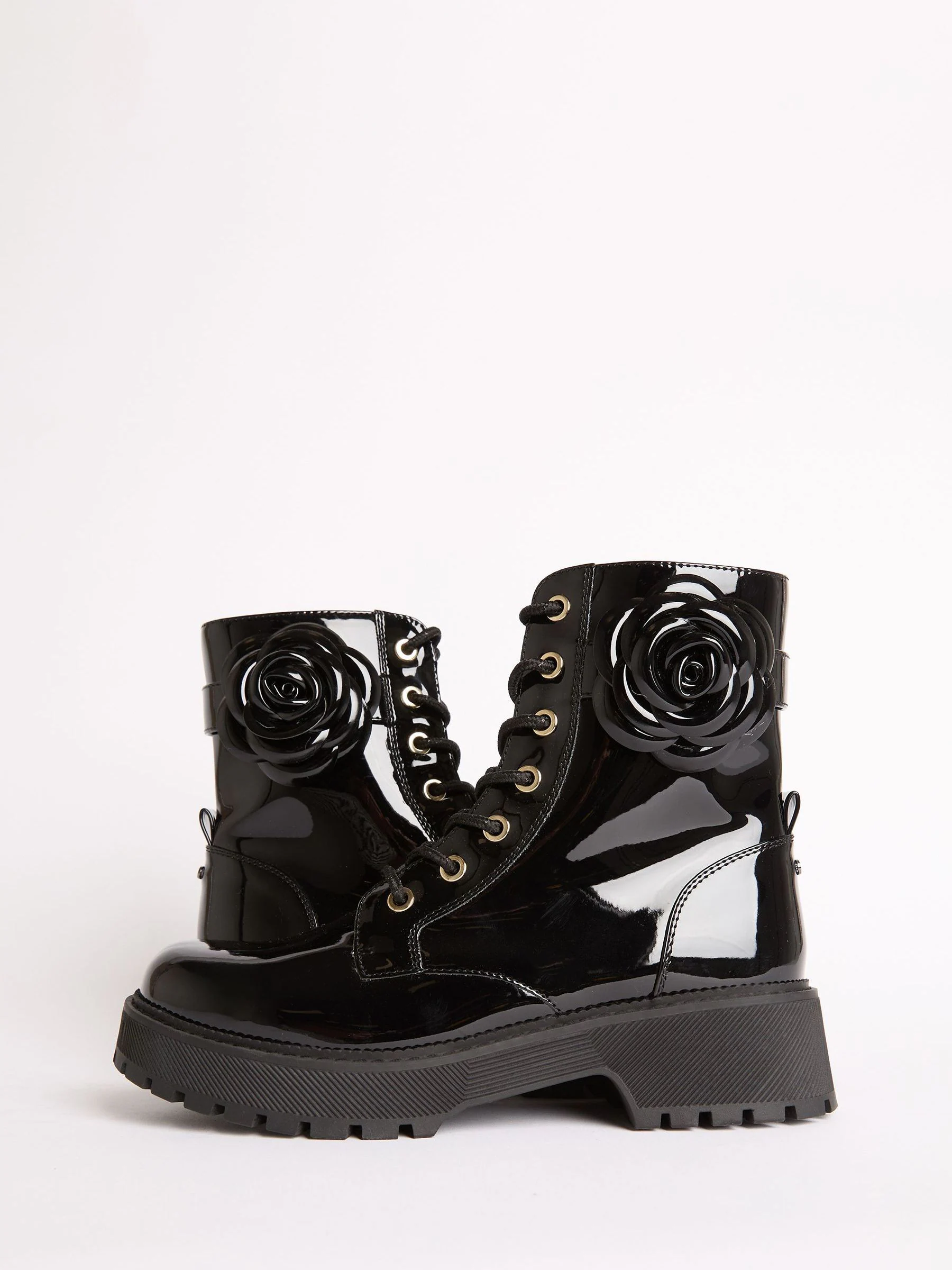 Lipsy Faux Leather Patent Lace Up Chunky Boots with Corsage