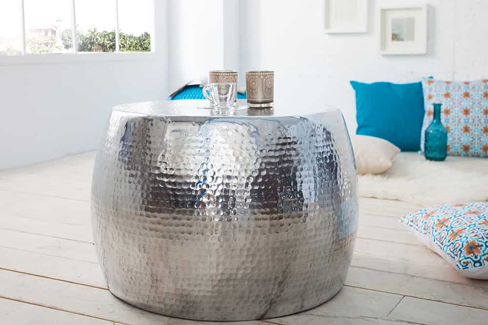 Runder Couchtisch ORIENT 60cm silber Metall Aluminium Hammerschlag Design handmade