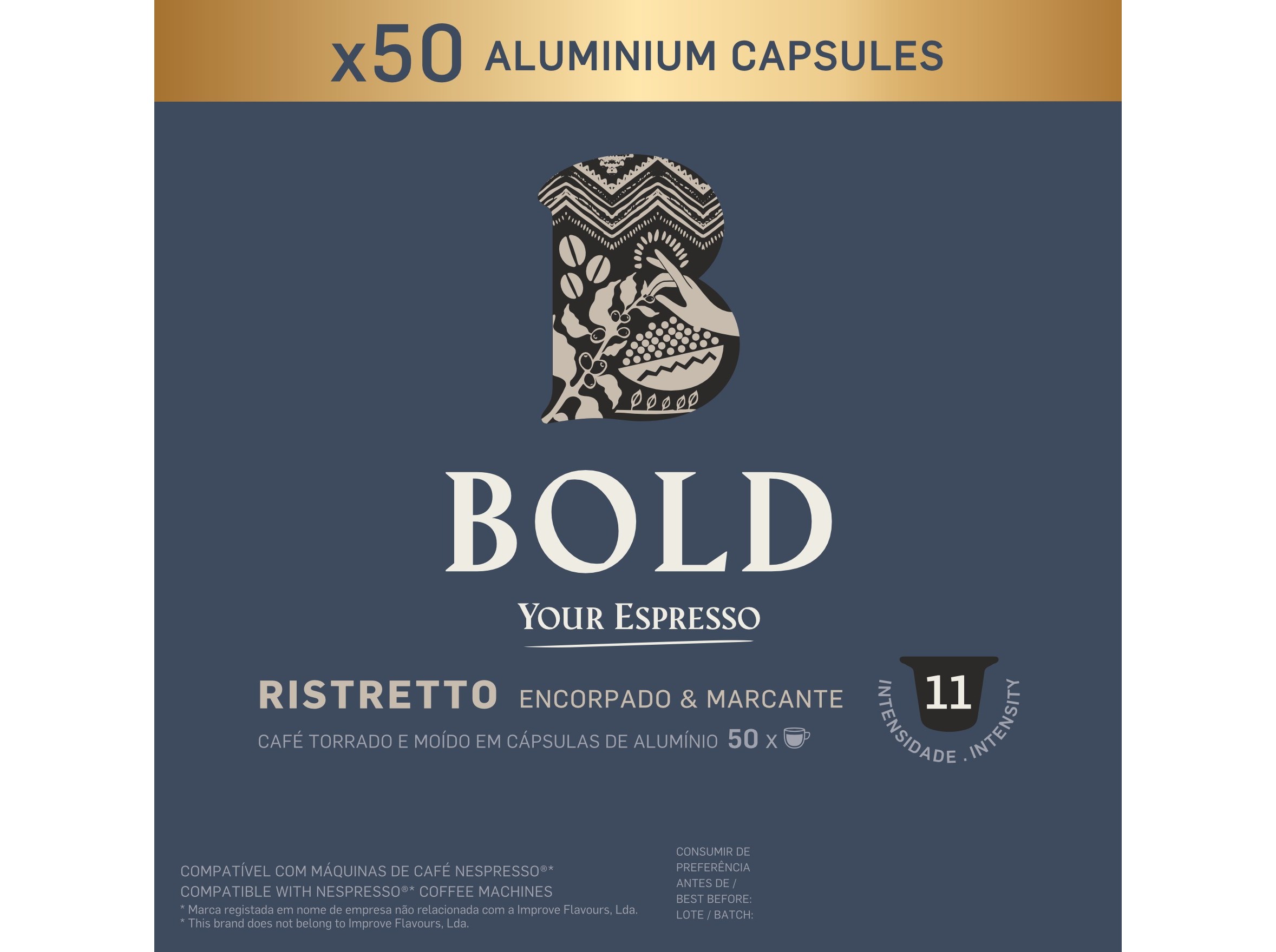 CÁPSULAS CAFÉ BOLD ALUMINIO COMPATÍVEL COM NESPRESSO RISTRETTO 50 UN