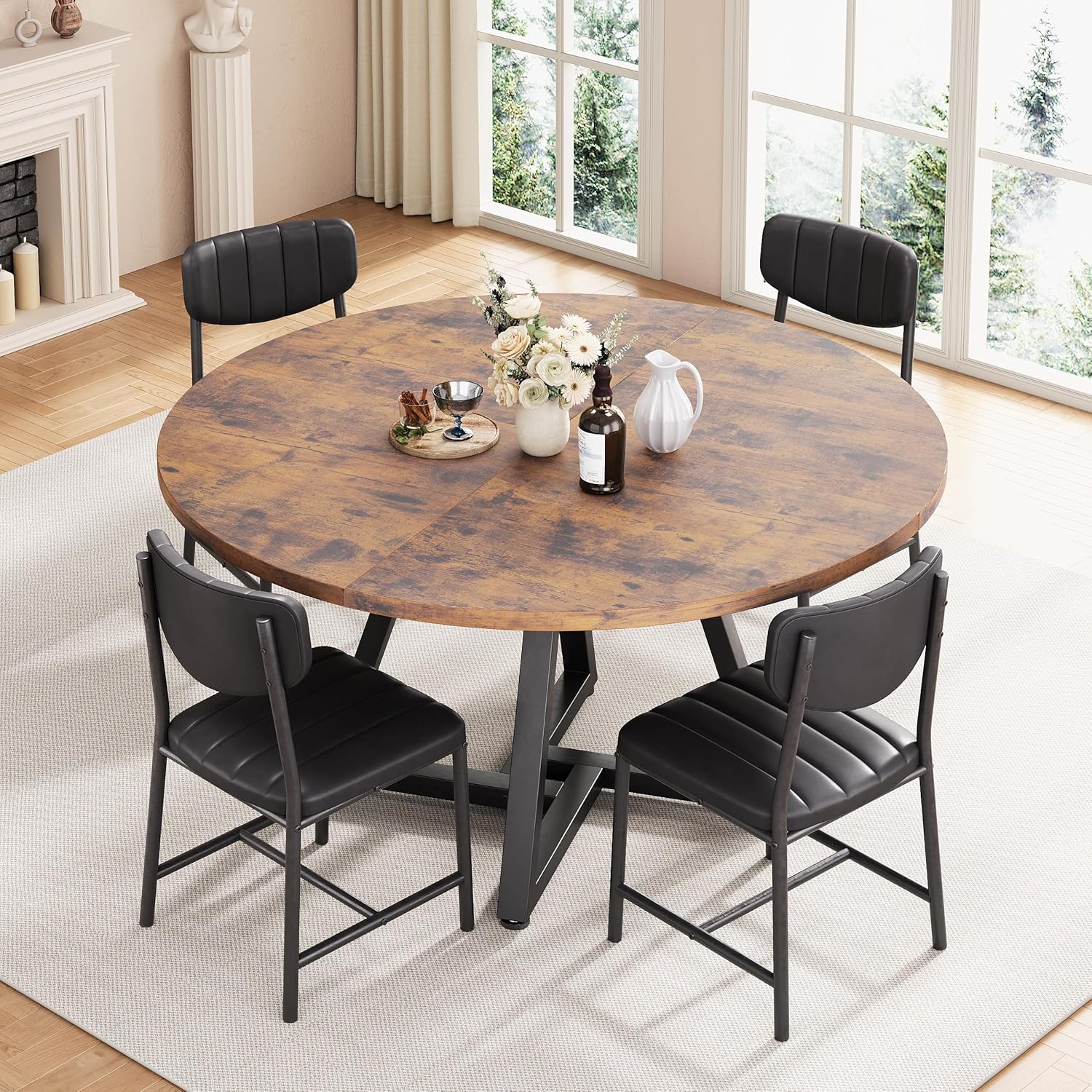 Runder Esstisch für 2–4 Personen, Küchentisch mit stabilem Metallgestell, platzsparender Esszimmertisch im Industrial Design (Vintage Braun, 107x107x76cm)