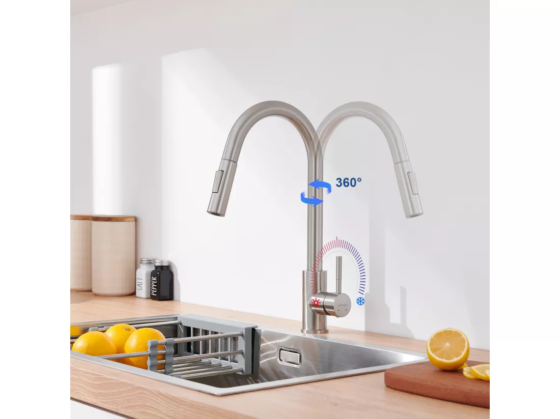 Mitigeur de Cuisine avec Douchette Extensible Rotatif à 360° 2 Modes de Pulvérisation Chaude/Froide Robinetterie Évier Acier Inoxydable-Brossé