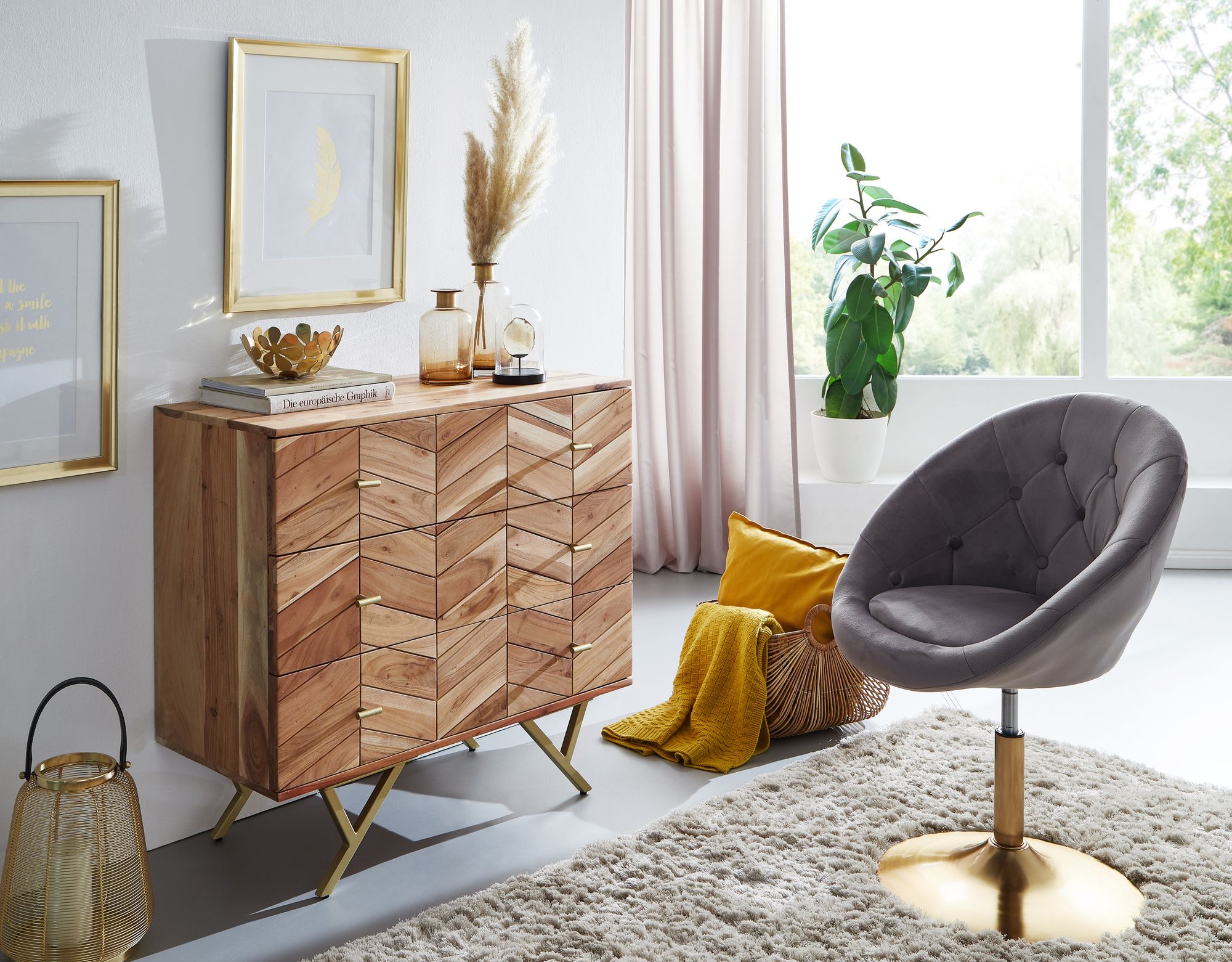 FineBuy Sideboard 90x86,5x40cm Massivholz / Metall Anrichte Schubladen Kommode