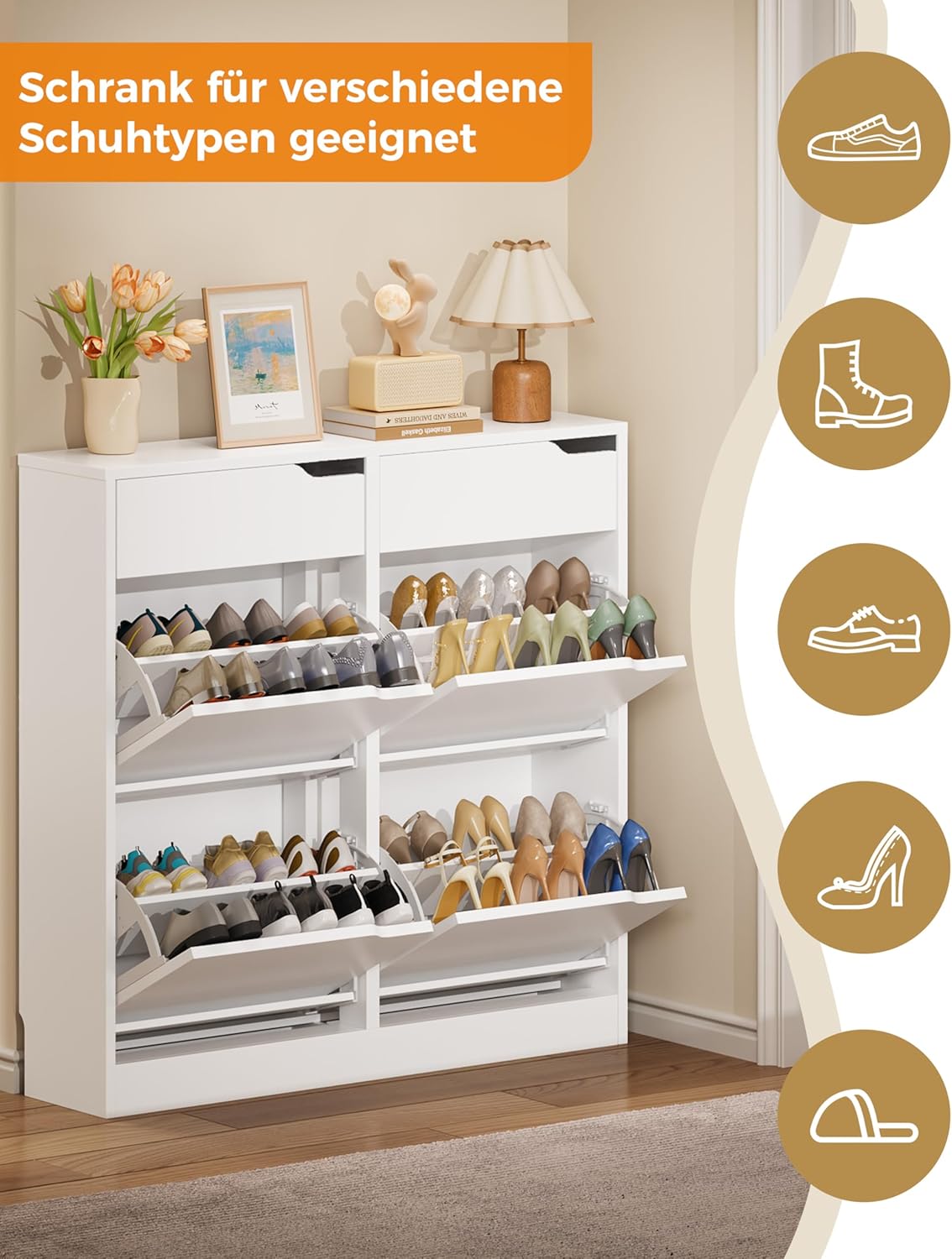 IRONCK Schuhschrank mit 4 Klappen, Schuhkipper Schmal mit 2 Schubladen, freistehendes Schuhregal, Schuhkommode mit verstellbaren Trennwände, Schuhablage Schrank für Flur Eingang und Wohnzimmer (Weiß)