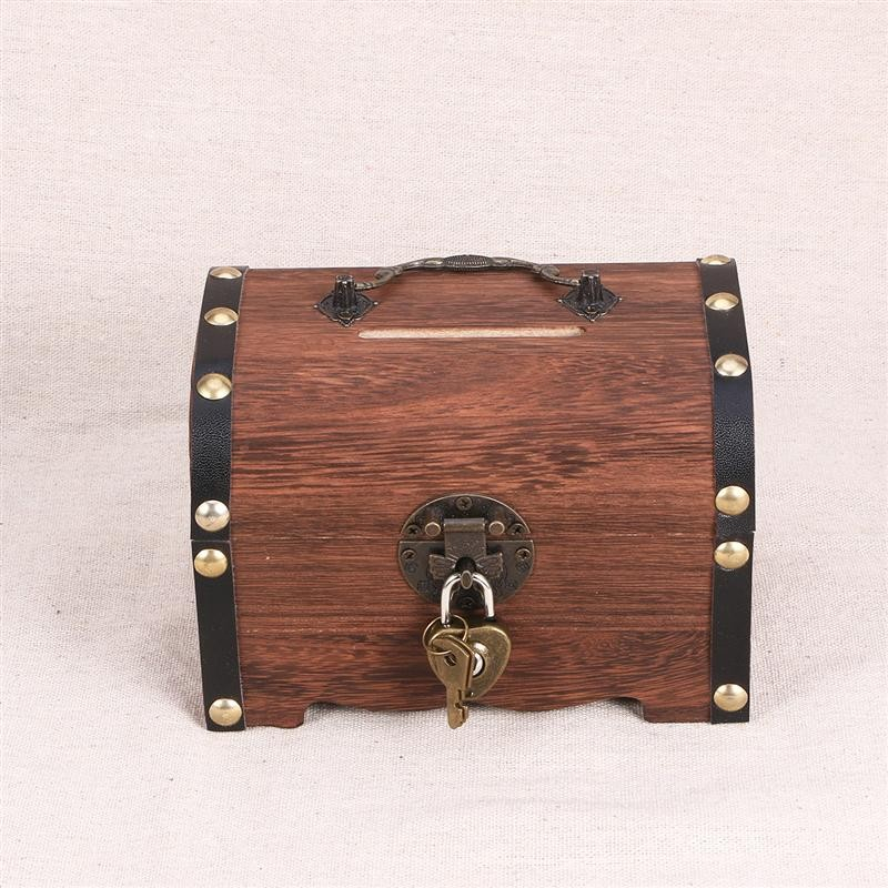 Holz Schatztruhe Wiederverwendbare Vintage Münz Spardose inkl. Schloss   2 Schlüssel - Braun