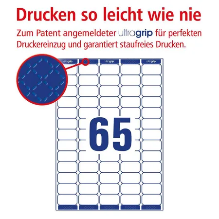 Avery Zweckform L7651-25 Adress-Etiketten,A4 mit ultragrip,38,1 x 21,2 mm, 25 Bogen/1.625 Etiketten, weiß