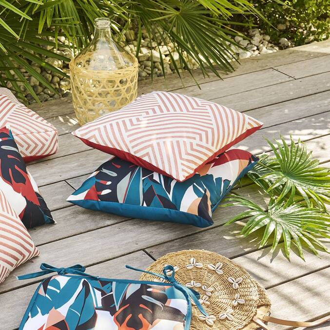 Coussin déco d'intérieur et d'extérieur DEYO motif Feuilles Bleu canard