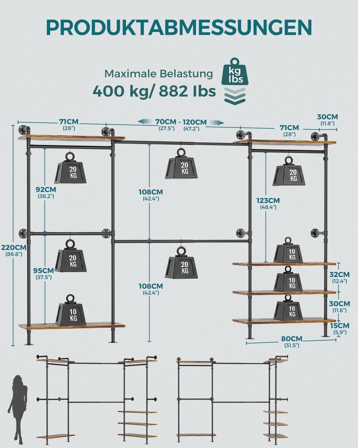 Kleiderschrank System Offen – Teleskop Kleiderstange Schwerlast, Begehbarer Kleiderschrank, Flexibel als L-Form oder Gerade, Industrial Pipe Design für Schlafzimmer & Ankleidezimmer