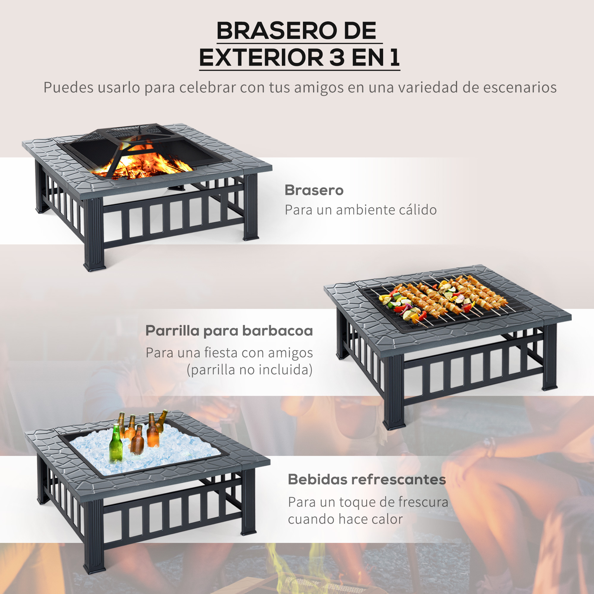 Lareira externa multifuncional 3 em 1 Outsunny em metal com churrasqueira e balde de gelo para pátio e jardim, 86x86x54 cm