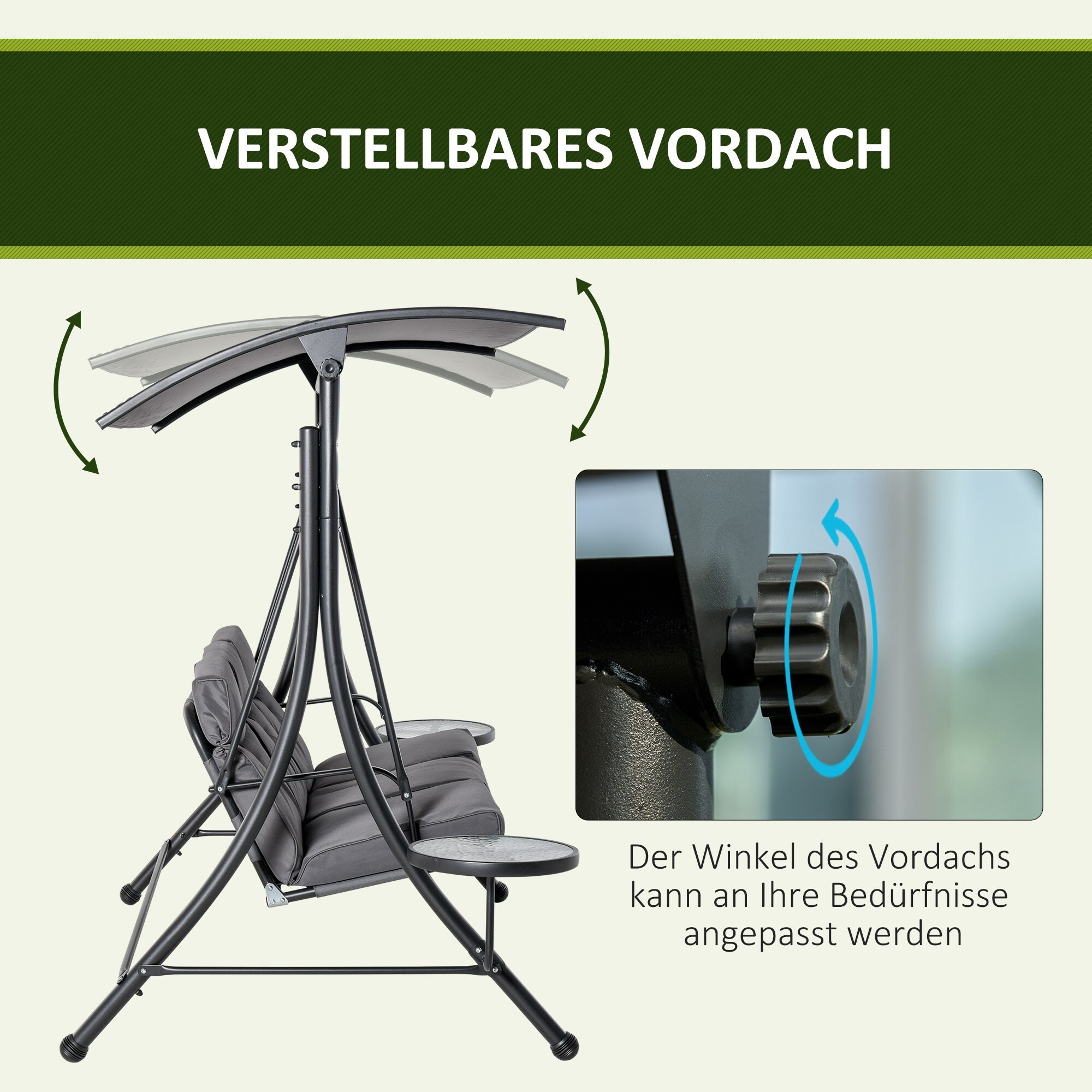 Outsunny 3-Sitzer Hollywoodschaukel mit verstellbarem Sonnendach grau, schwarz 278 x 125 x 177 cm (BxTxH)