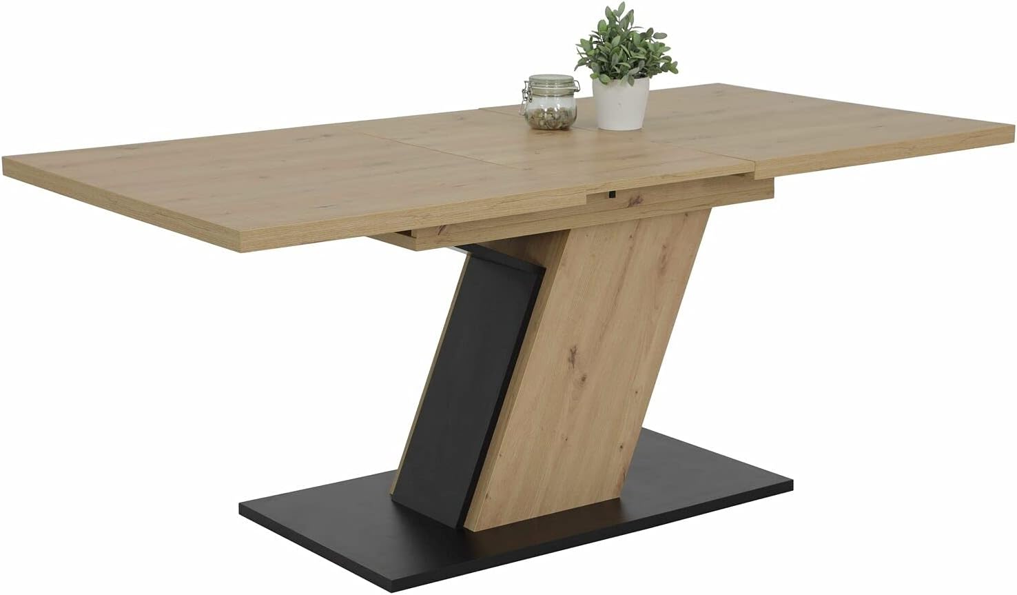 Hela Tische, Säulentisch Esstisch Jeanette, Holzwerkstoff, Dekor Artisan Eiche, Bodenplatte Schwarz, Synchronauszug 140-180x90cm