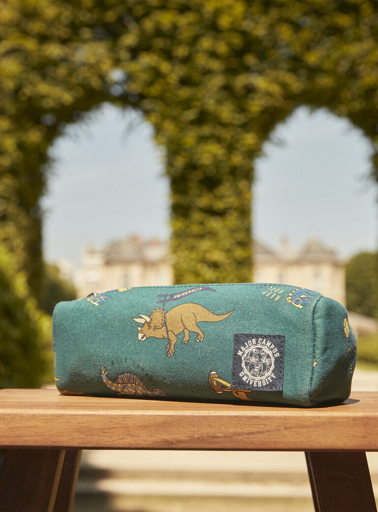 Trousse scolaire verte à imprimé dinosaures