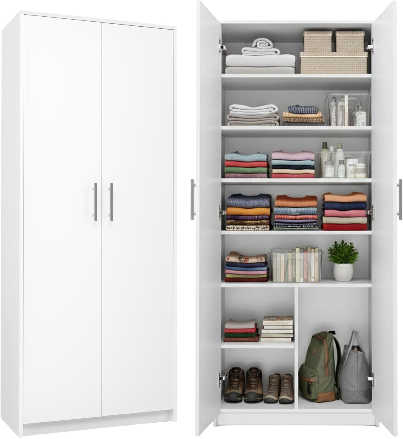 Home Collective Schrank Mehrzweckschrank weiß 74cm Breite 180cm Höhe mit sechs Einlegeböden und Extra-Fach, Aktenschrank Haushaltsschrank Organizer aus MDF Holz