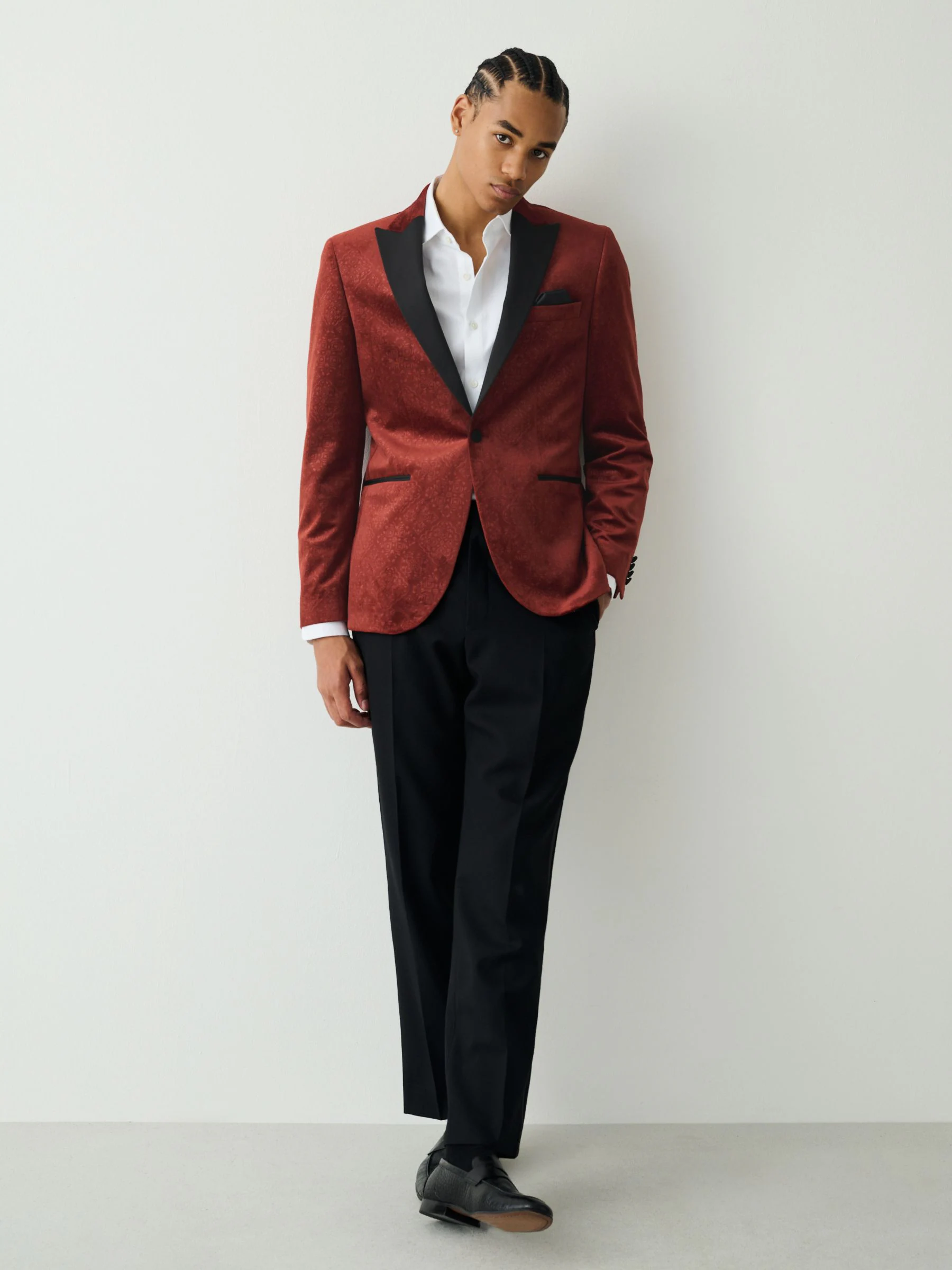 Roestkleurig met bloemenprint - Slim Fit - Fluwelen blazer met patroon