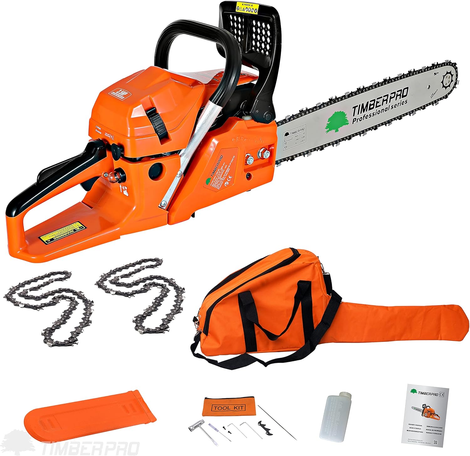 Timberpro Kettensäge 62 cm³, 3.6 PS, Sägeblatt 50 cm.+1 extra ketten und tasche (2xxl)
