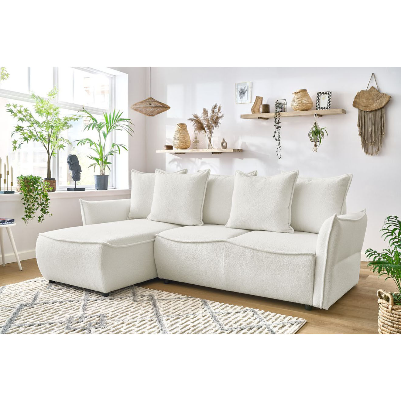 Bobochic Canapé d'angle gauche convertible bouclette Léon blanc - 242x158x90 cm