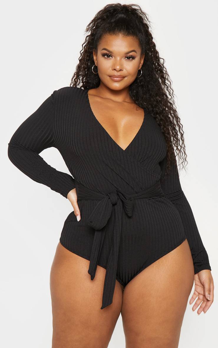 Noir Body Grande Taille Côtelé Avec Nœud À La Taille