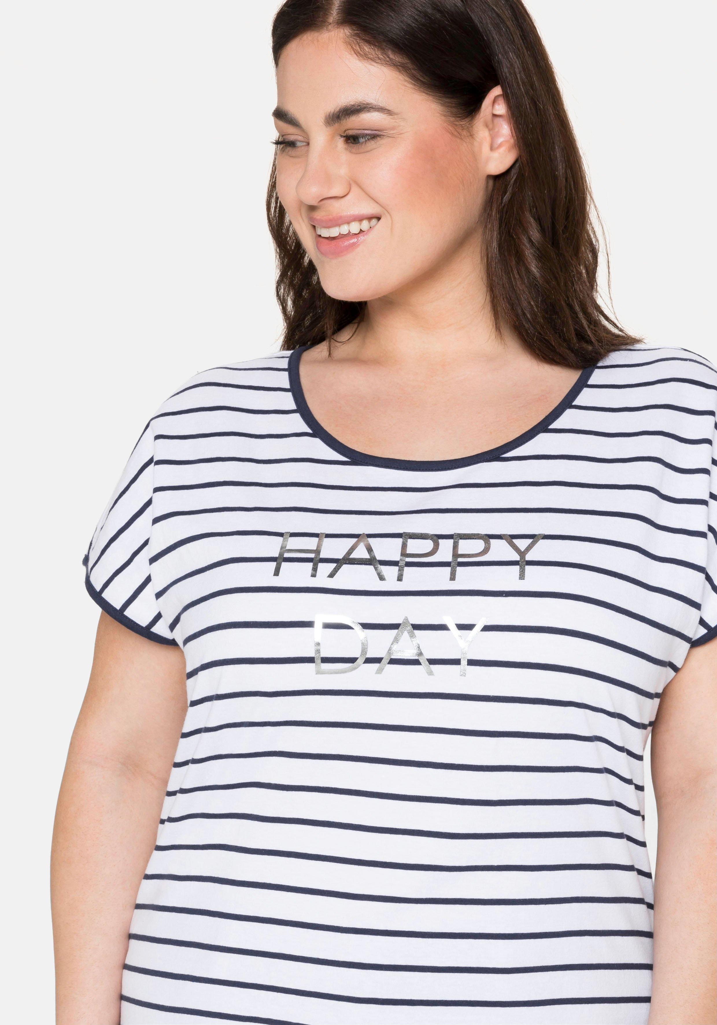 T-Shirt mit Ringeln und Statement-Foliendruck