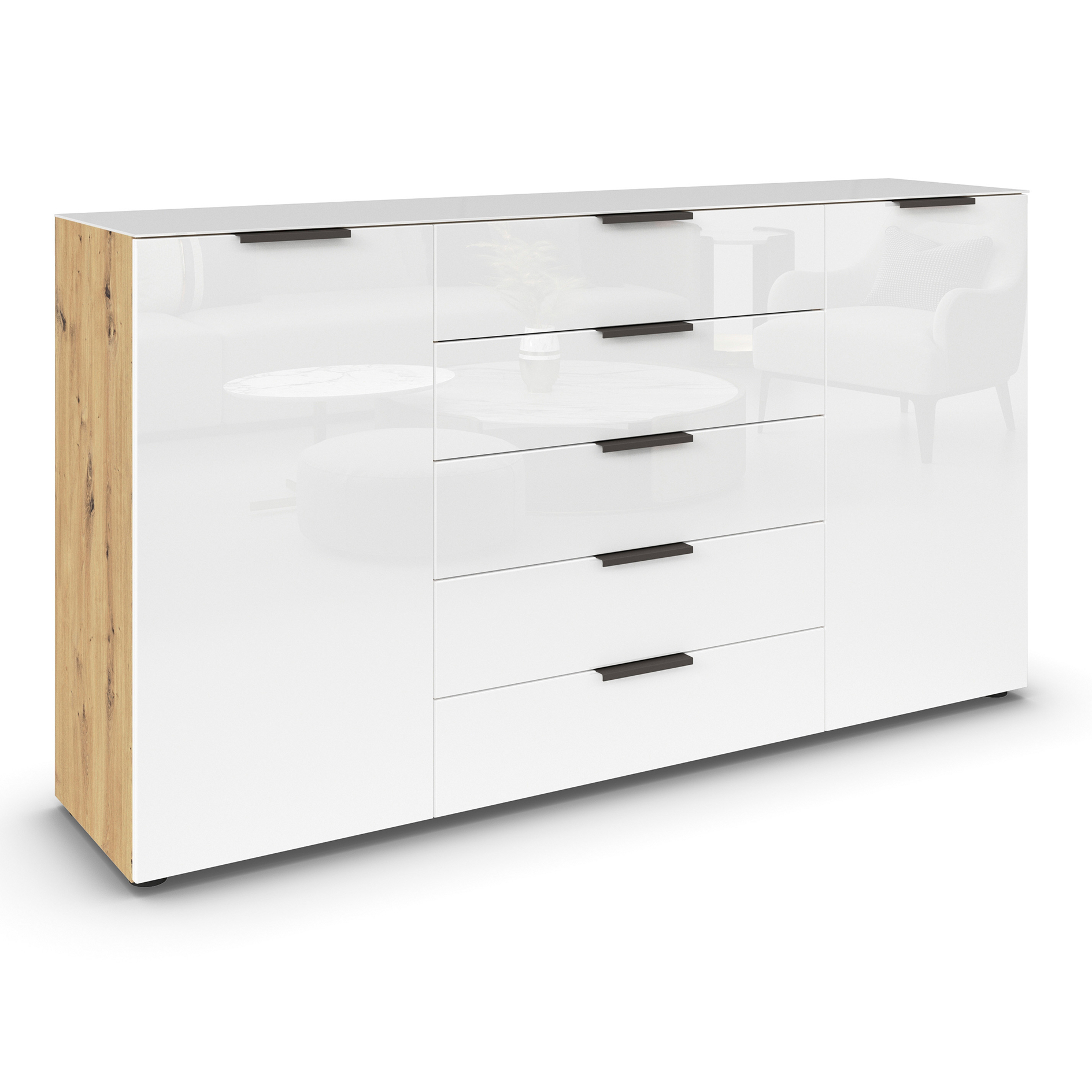 Kommode - Artisan Eiche-Kristallweißglas - Graphitgriffe - 180 cm