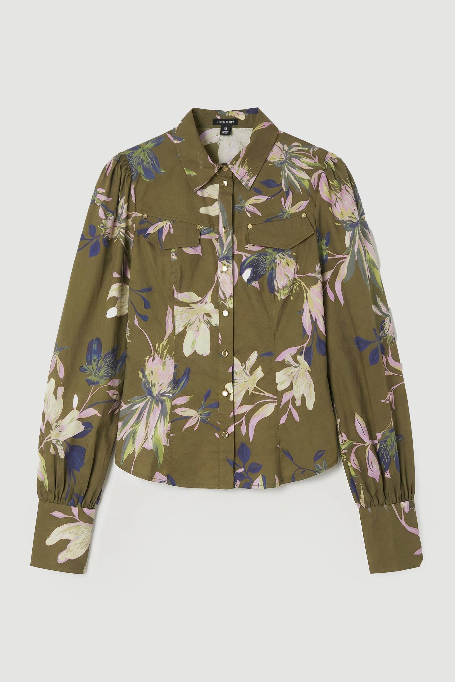 KarenMillen Chemise à Manches Volumineuses en Satin de Coton Tissé à Imprimé Floral