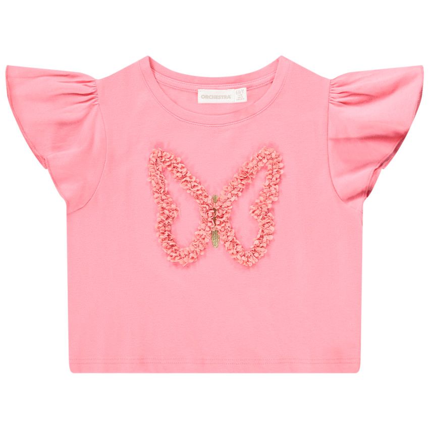 T-shirt manches courtes print papillon effet pétales 3D pour fille - Corail