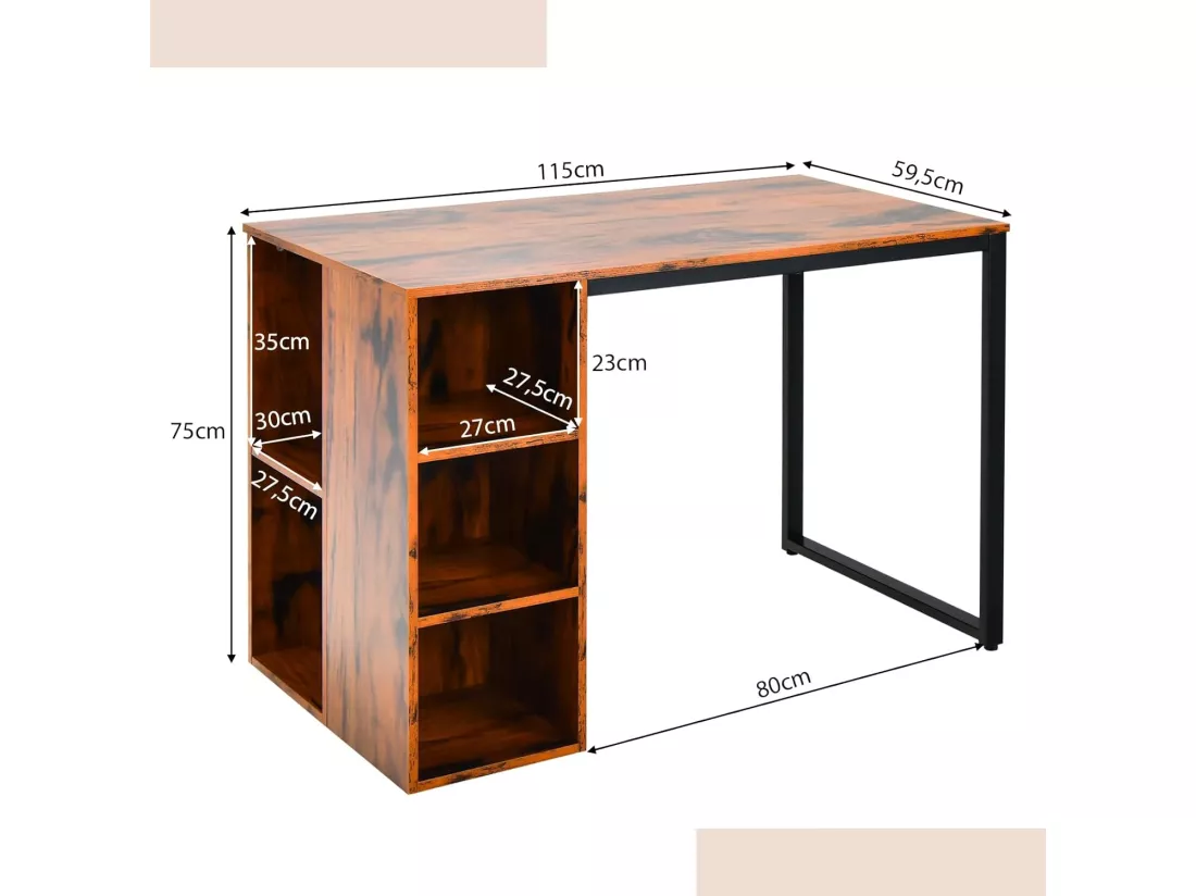 Bureau d'Ordinateur avec Bibliothèque, Bureau Informatique avec 5 Compartiments, Cadre en Métal, Table d'Ordinateur pour Bureau, Chambre, Studio, 115 x 59,5 x 75 cm (Marron Rustique)