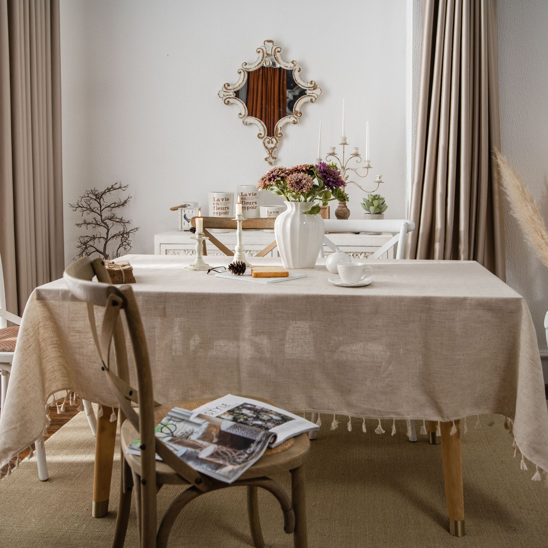 (140x260cm) Canvas Tischdecke Esszimmer Boho Deko Hygge Lifestyle Tisch Tuch mit Quasten - Beige
