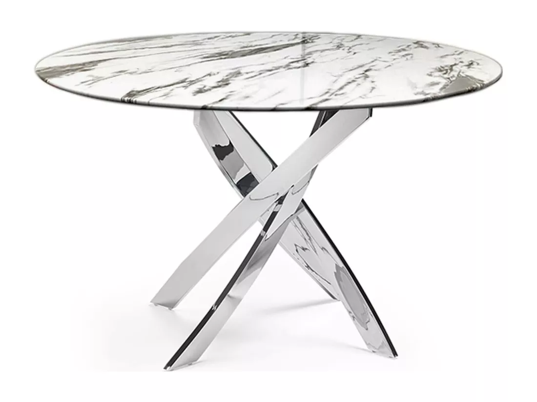 Table a manger ronde jessica chrome verre effet marbré blanc 120x75cm