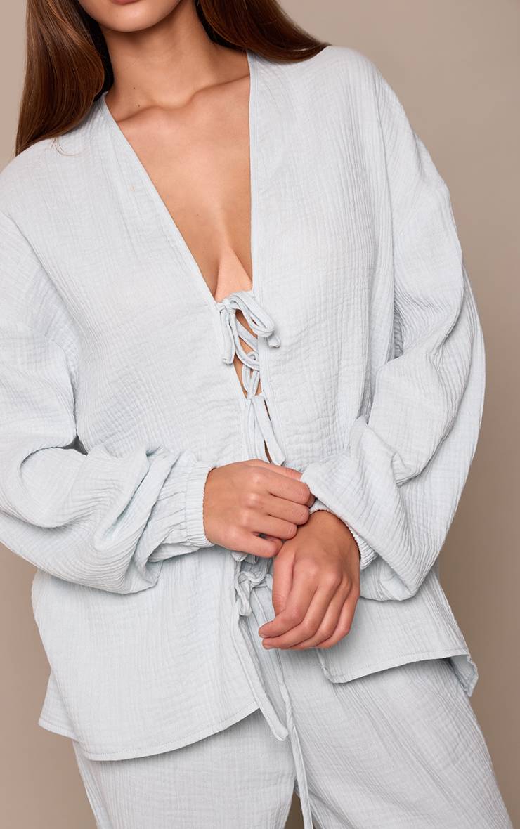 Bleu Ensemble Chemise À Nouer En Gaze Texturée