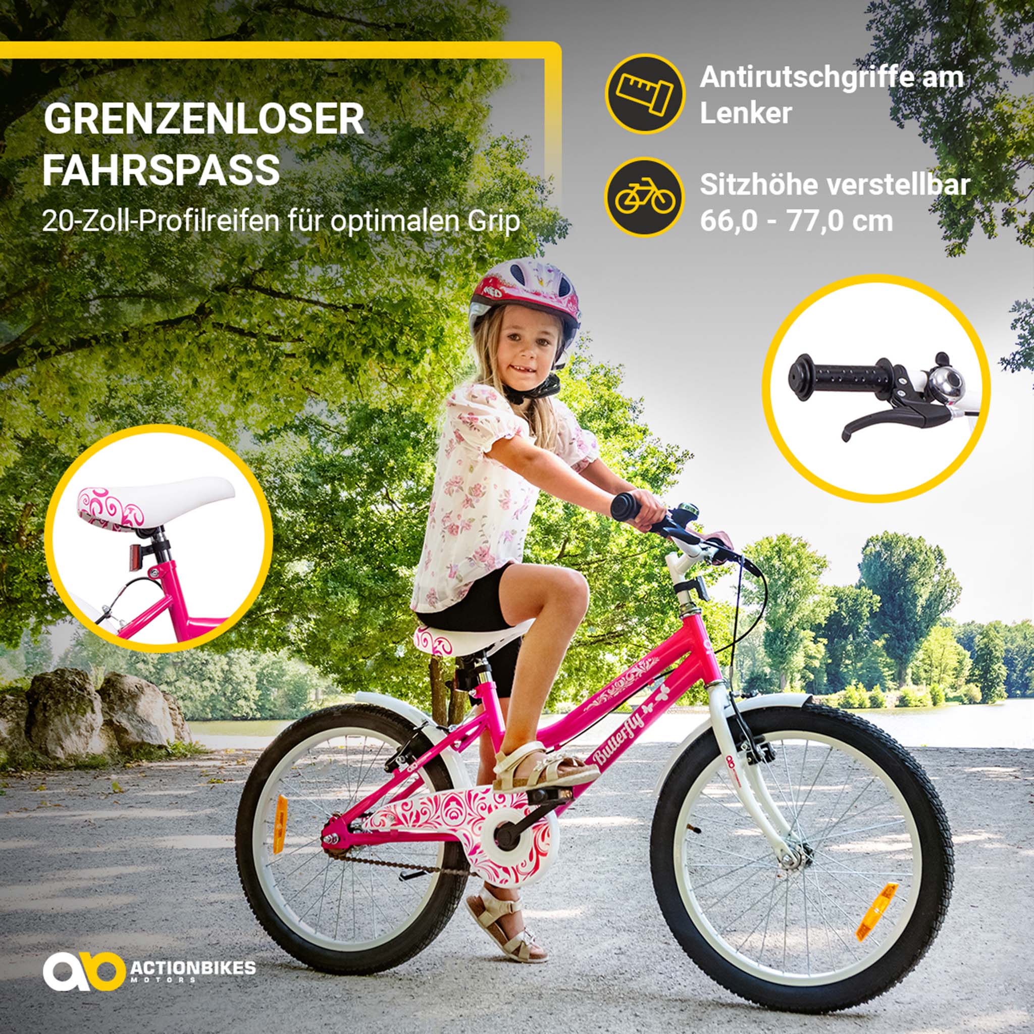 Actionbikes Kinderfahrrad Butterfly 20 Zoll, Pink, Fahrradständer, Kettenschutz, Antirutschgriffe (Weiß/Pink)