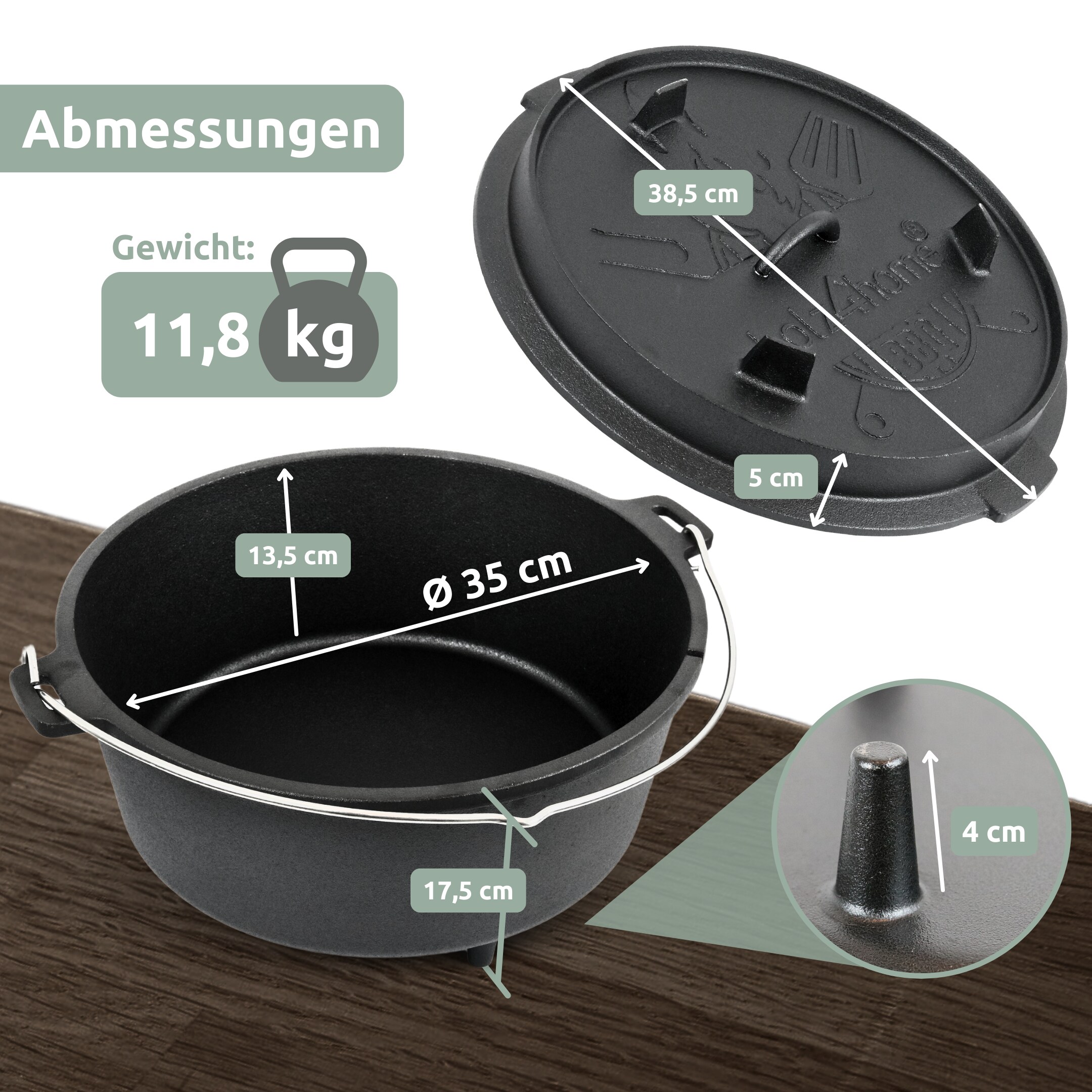 holz4home® Dutch Oven I eingebrannter Feuertopf aus Gusseisen I inkl. Deckelheber, Topfständer und Reinigungsbürste | 12 Liter