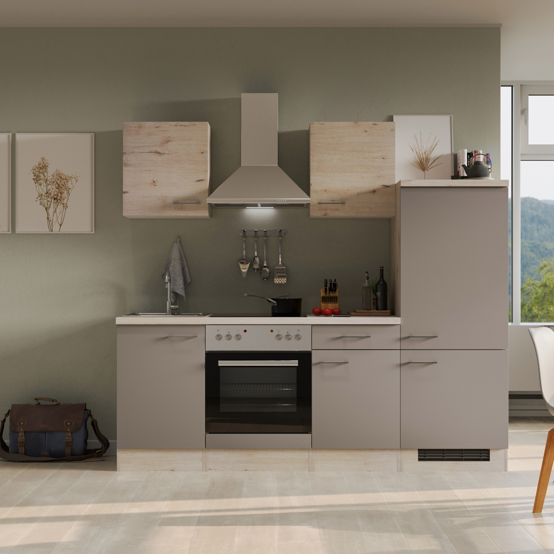Küchenblock RIVA - Quarz Cubanit - San Remo Eiche hell - mit E-Geräten - 220 cm