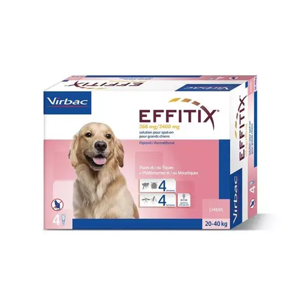 Inseticida Virbac Effitix para cães de grande porte (20 a 40 kg), aplicação tópica, 4 pipetas.