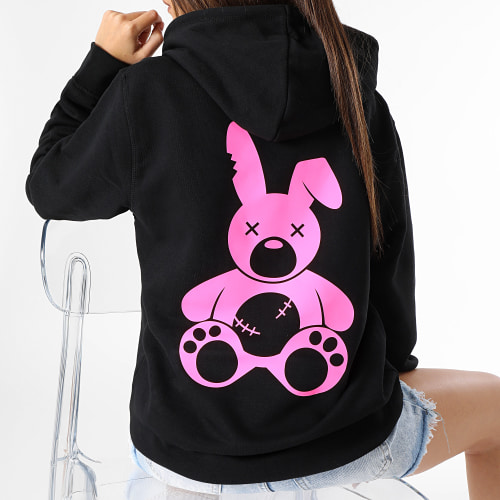 Sweat Capuche Femme Lapin Noir Rose Fluo