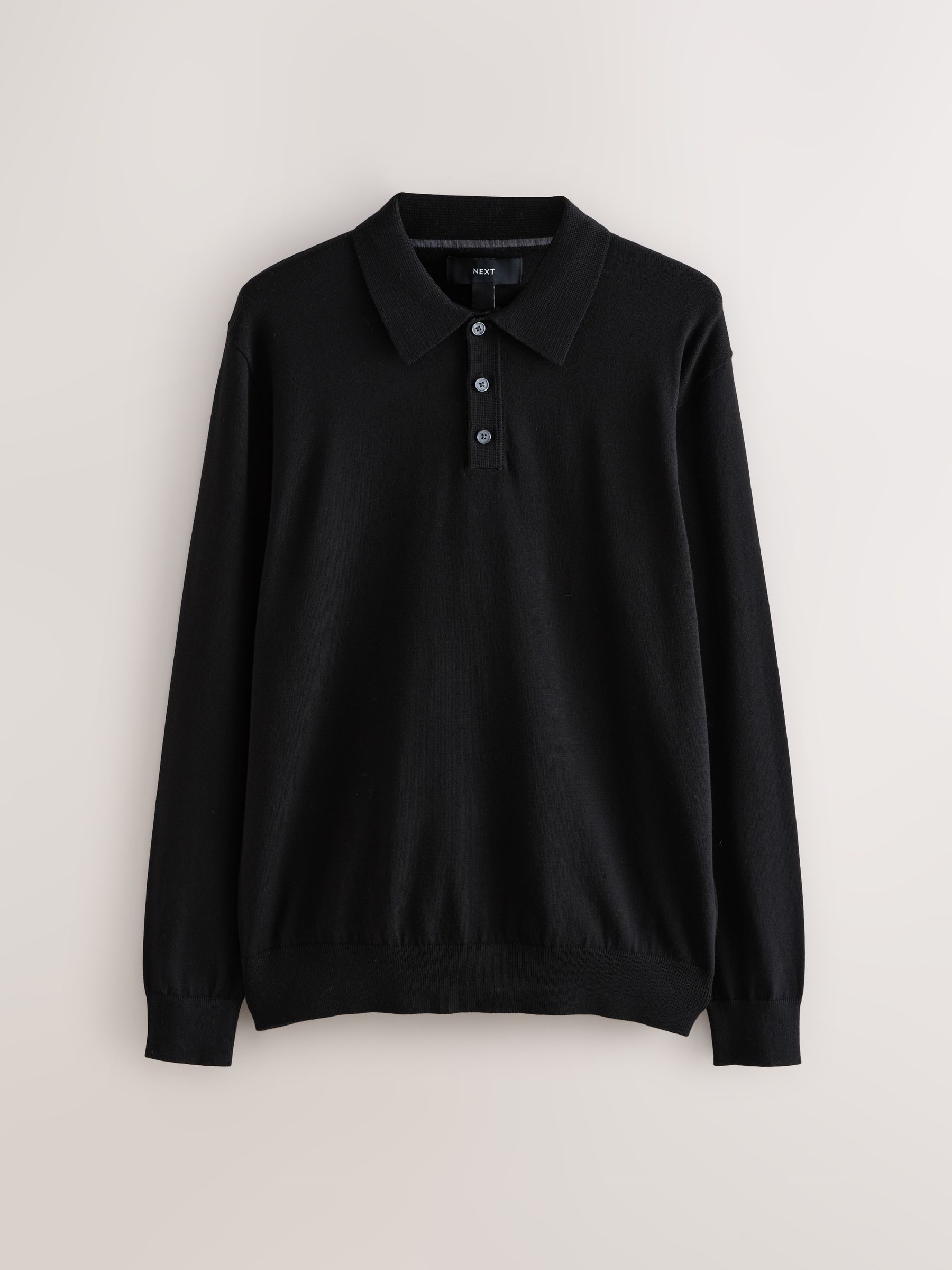 Zwart - Normale Pasvorm - Katoenrijk gebreid poloshirt met lange mouwen